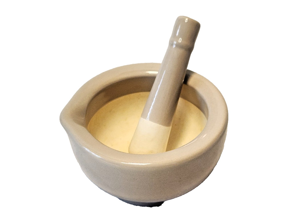 Vintage Mortar and Pestle Glazed Porcelain w/ Pour Spout Apothecary Laboratory